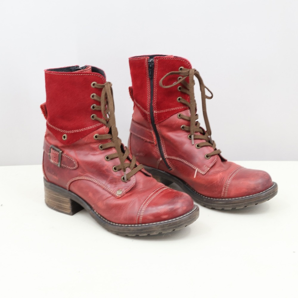 Taos Crave Combat Boots Womens 8-8.5 Red Leather Suede Cap Toe CRV-5514